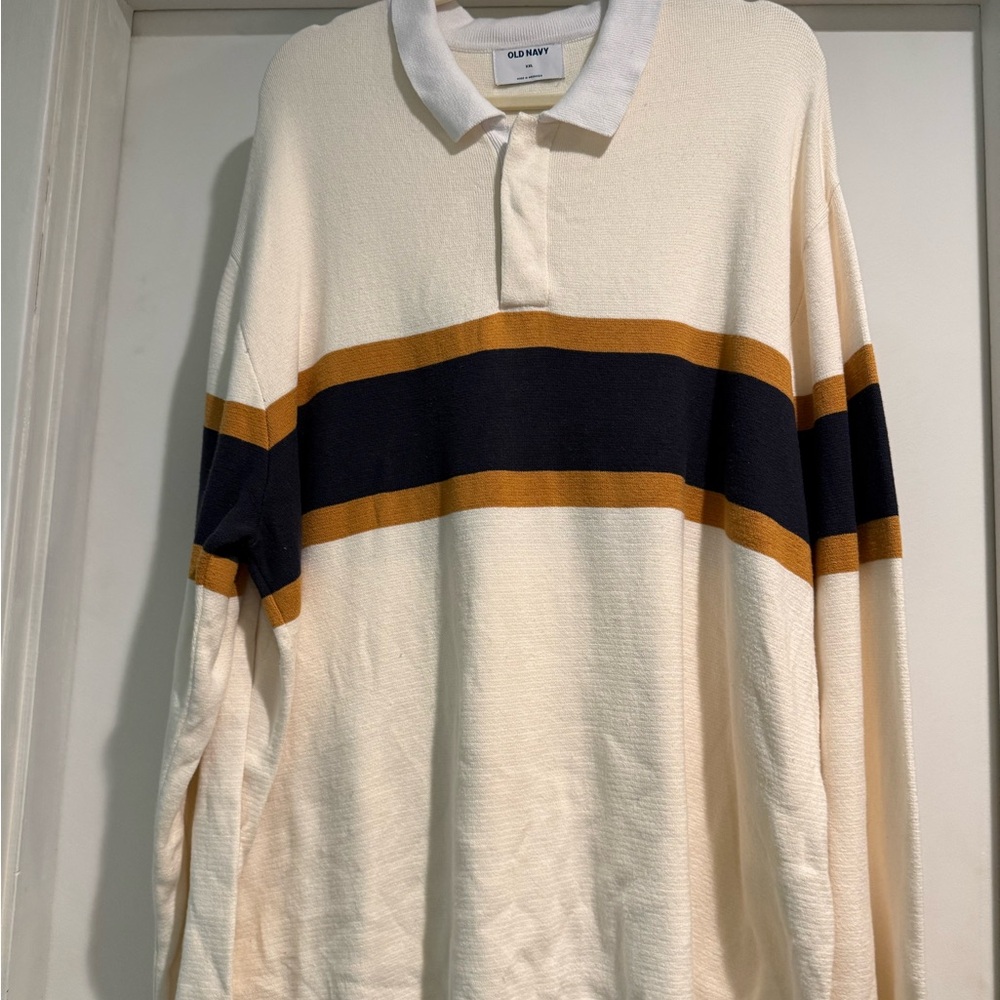 Old Navy Men's Cream and Black Polo with Gold Stripe